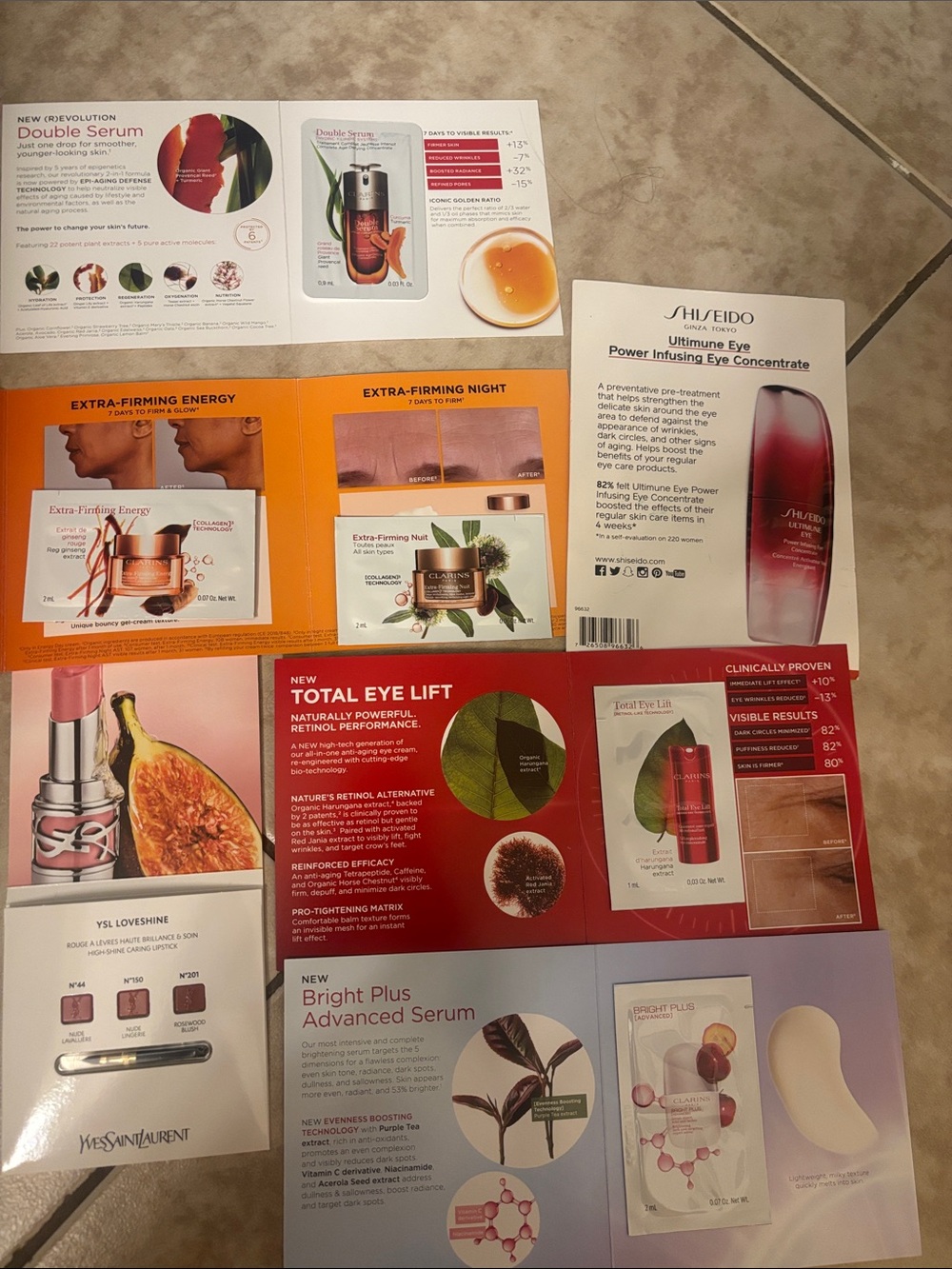 Clarins red and orange skincare brochure collage